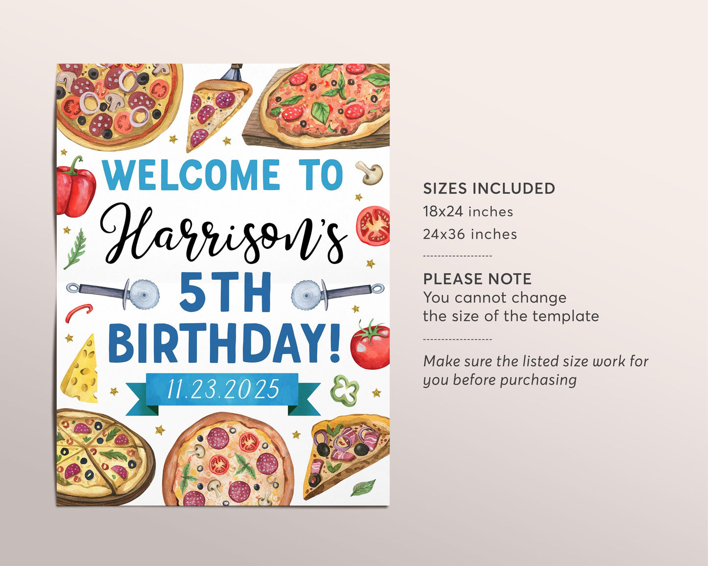 Pizza Party Welcome Sign Editable Template, Boy Pizzeria Pizza Making Birthday Party Poster, Slice Of Fun Pizza Decor Banner Welcome Board