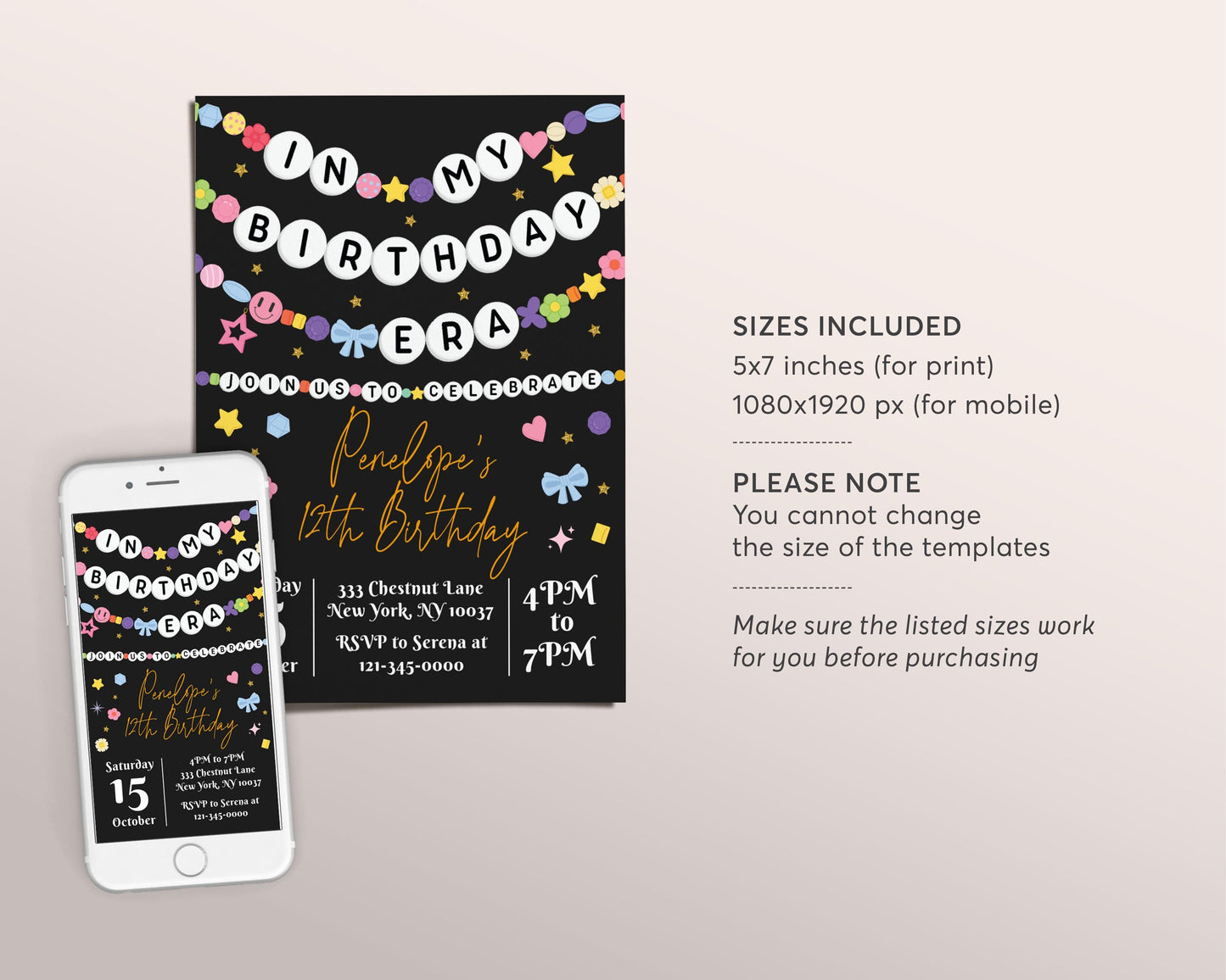 In My Birthday Era Invitation Editable Template, Friendship Bracelet Party Invite, Kids Tween Teen Birthday Girl Eras Music Black Gold Evite