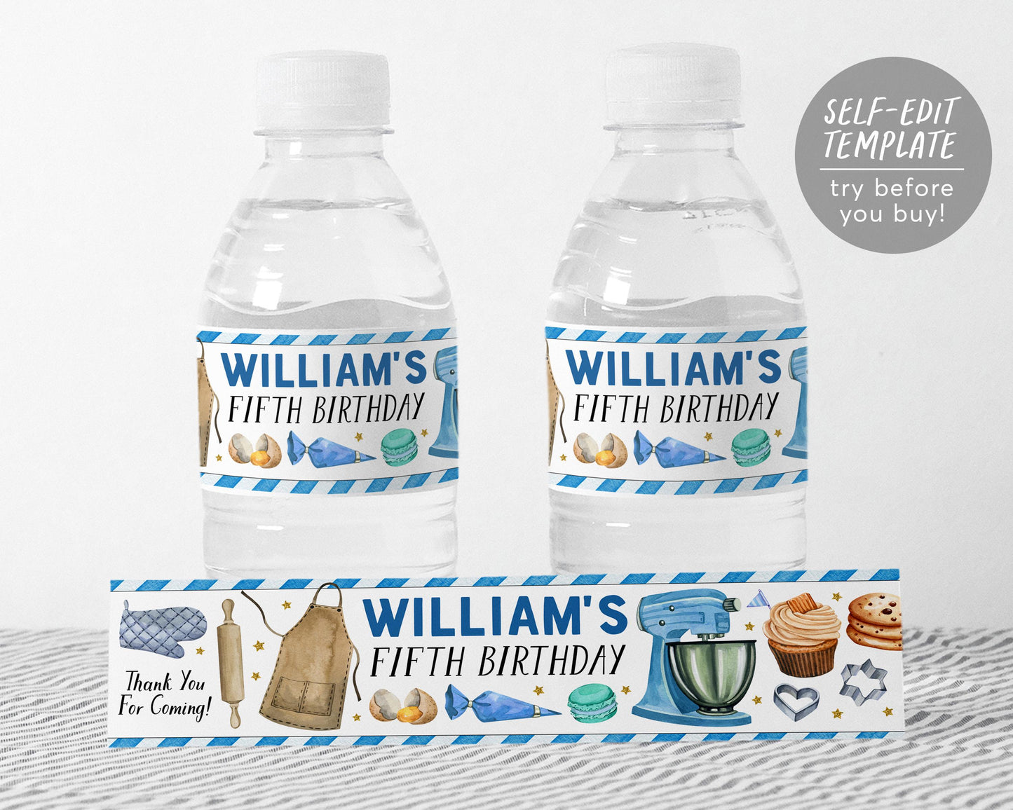 Baking Party Water Bottle Labels Editable Template