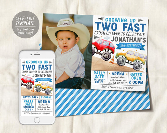 Monster Truck 2nd Birthday Invitation With Photo Editable Template