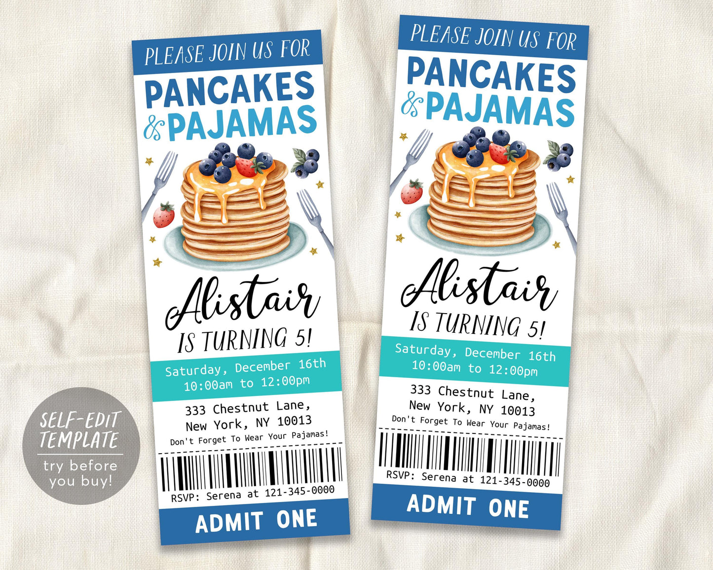 Pancakes and Pajamas Birthday Ticket Invitation Editable Template