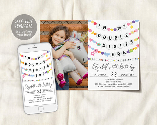 In My Double Digits Era Invitation With Photo Editable Template
