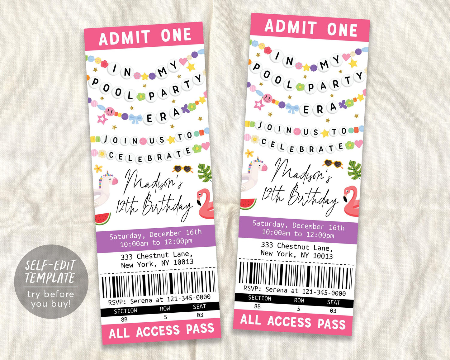In My Pool Party Era Ticket Invitation Editable Template