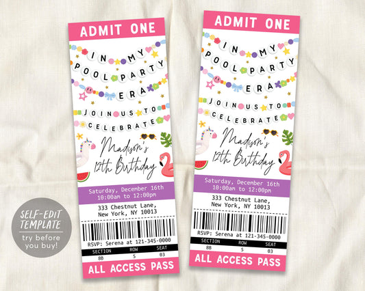 In My Pool Party Era Ticket Invitation Editable Template