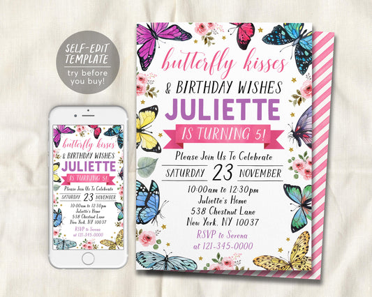 Butterfly Birthday Invitation Editable Template