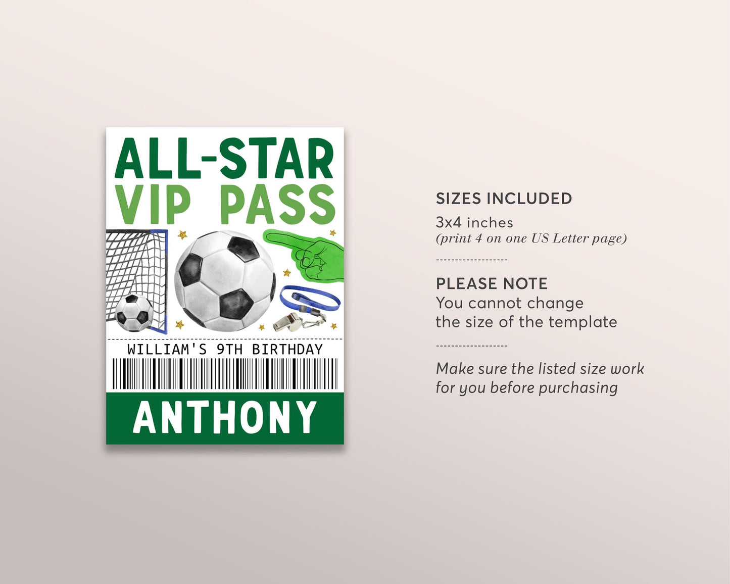 Soccer Birthday All Star VIP Pass Editable Template, Football Sports Party All Access Pass, Guests Name Tag Insert ID Badge Team Lanyard