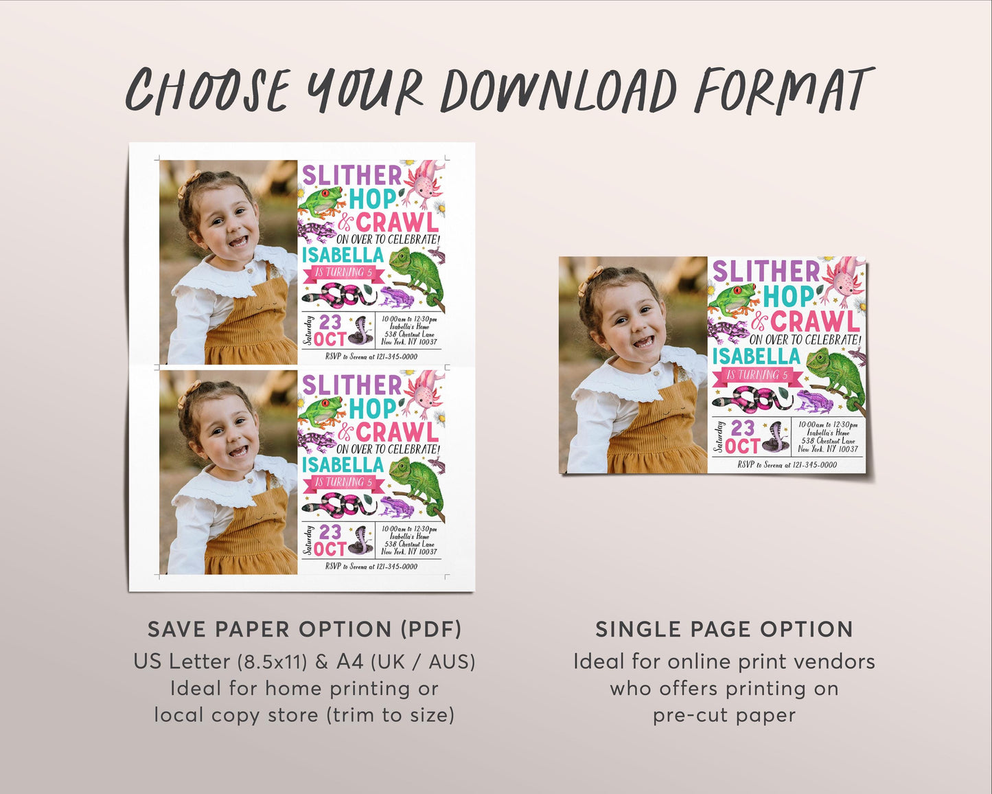 Reptile Birthday Invitation With Photo Editable Template, Girl Slither Hop Crawl Party Invite, Kids Reptiles Creepy Crawly Nature Evite