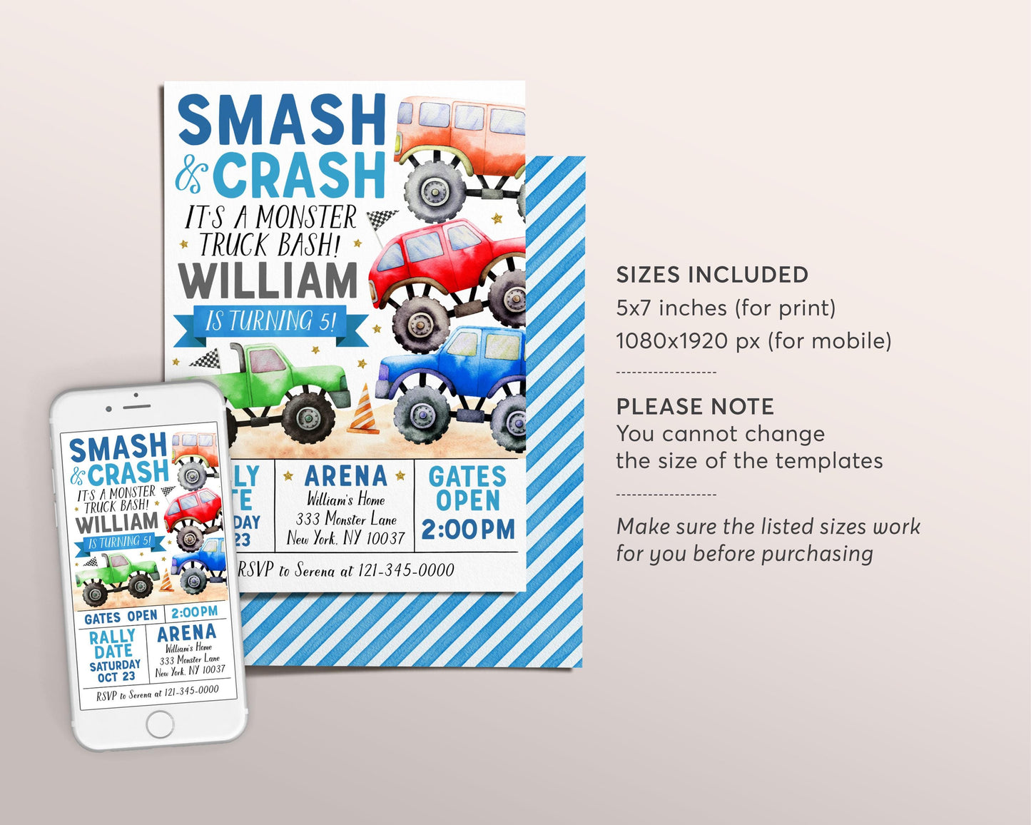 Monster Truck Birthday Invitation Editable Template, It's A Monster Truck Bash Invite, Boy Smash And Crash Party Evite Any Age Printable