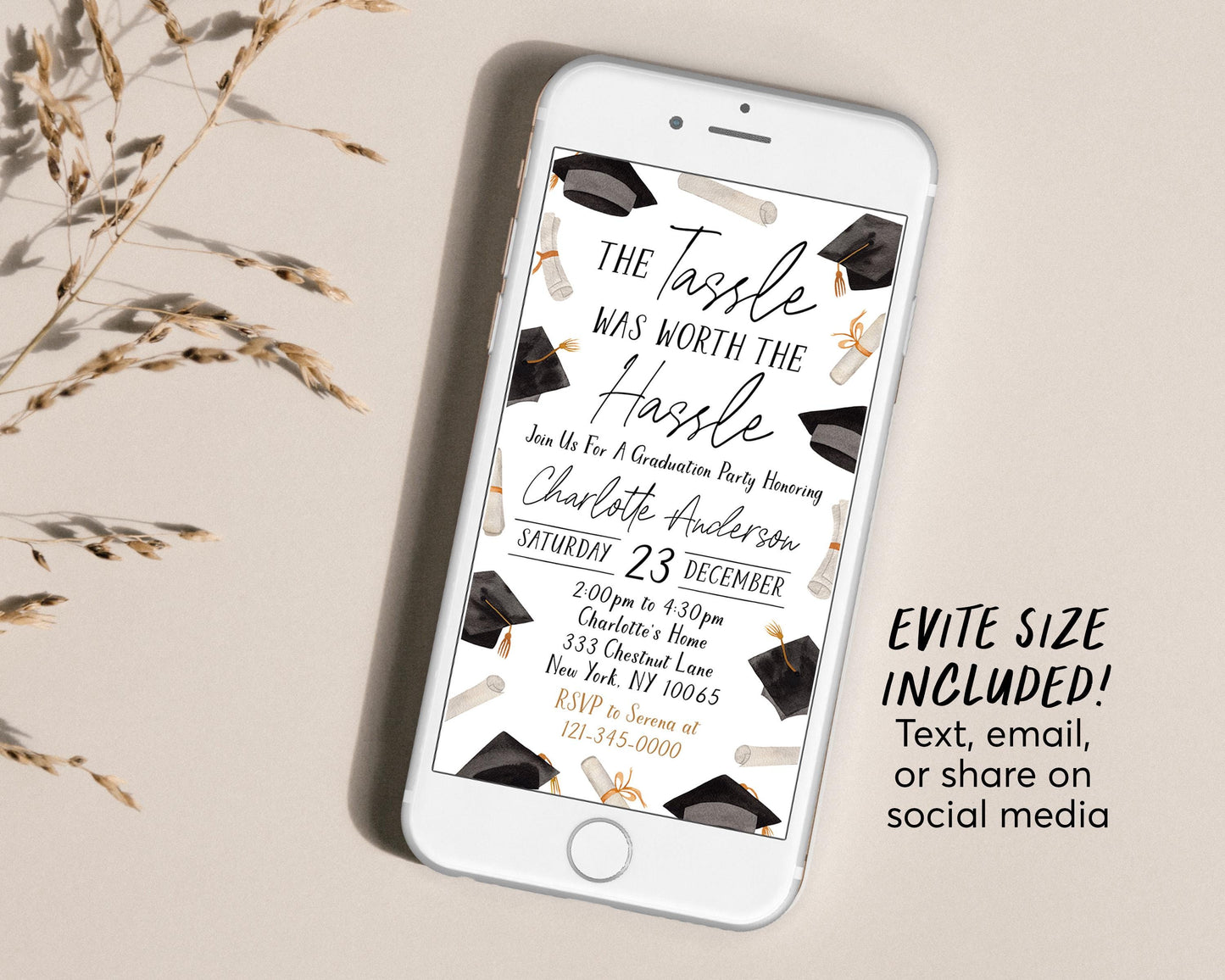 Graduation Invitation Editable Template, Tassel Was Worth The Hassle Grad Announcement Party Invite for Him Her Unisex, College High School