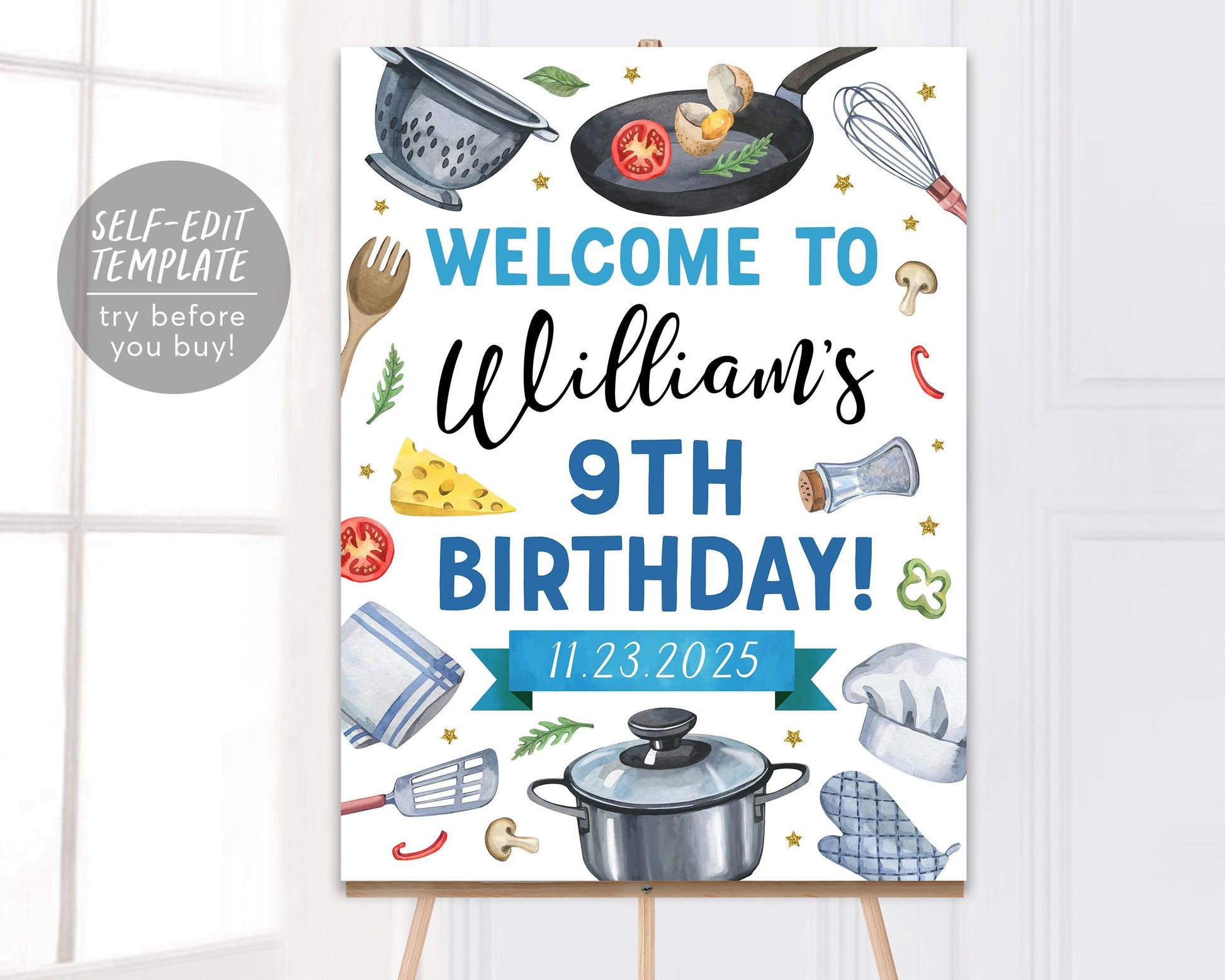 Cooking Birthday Party Welcome Sign Editable Template