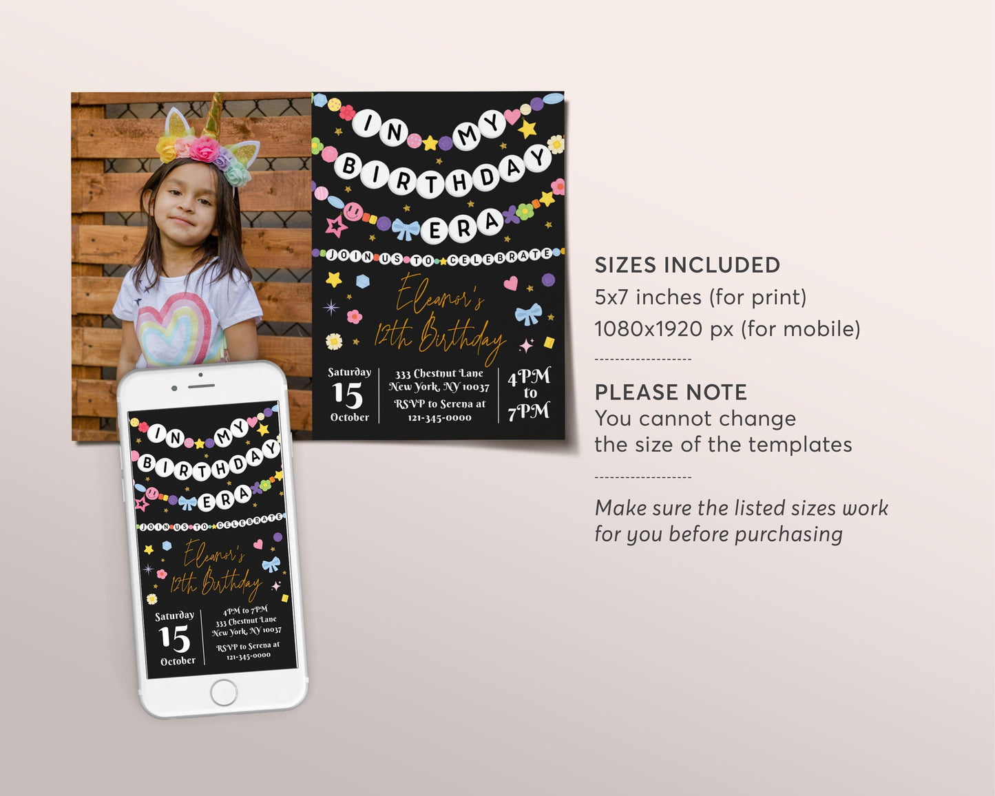 In My Birthday Era With Photo Invitation Editable Template, Friendship Bracelet Party Invite, Kids Tween Girl Eras Music Black Gold Evite