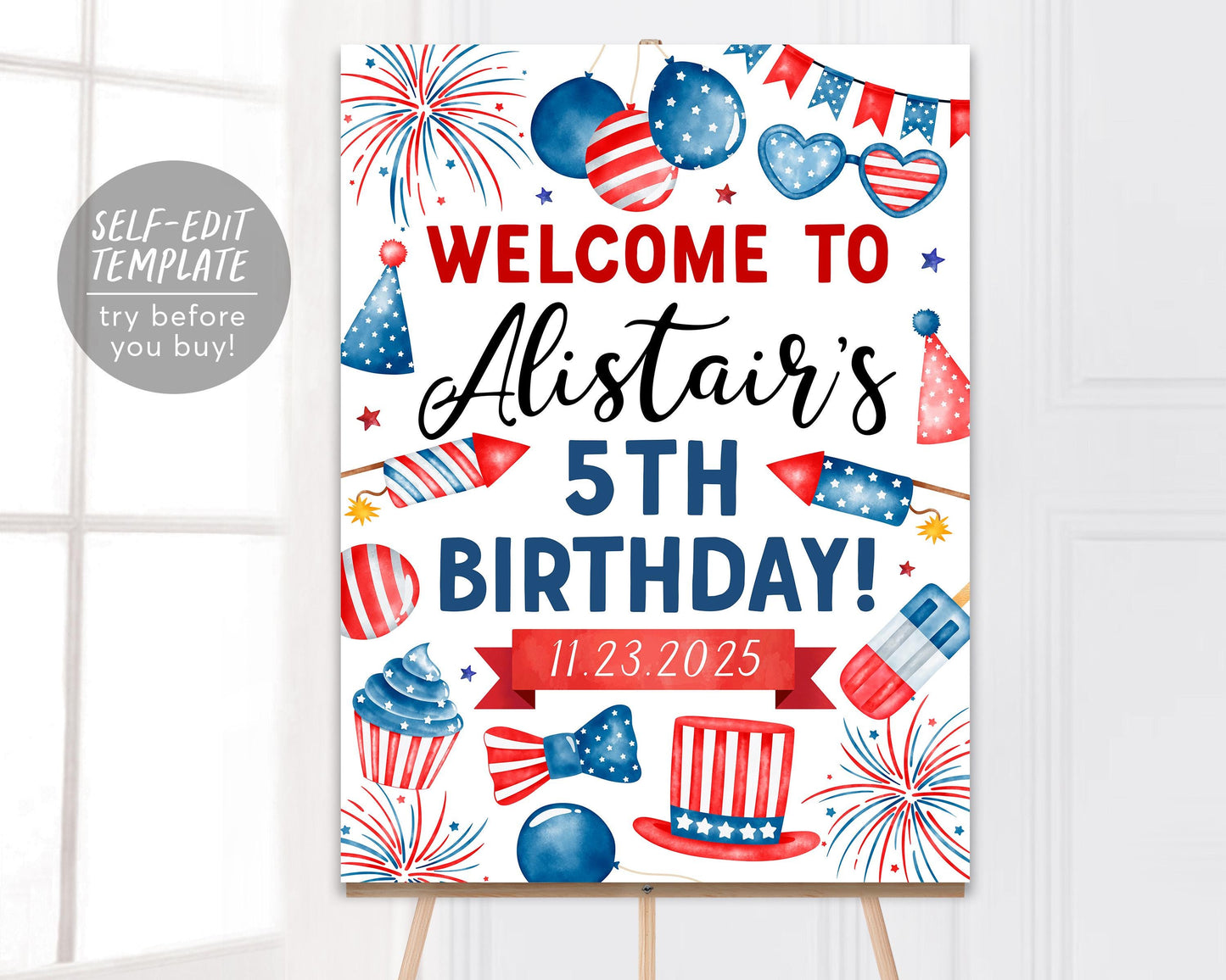 4th of July Birthday Welcome Sign Editable Template