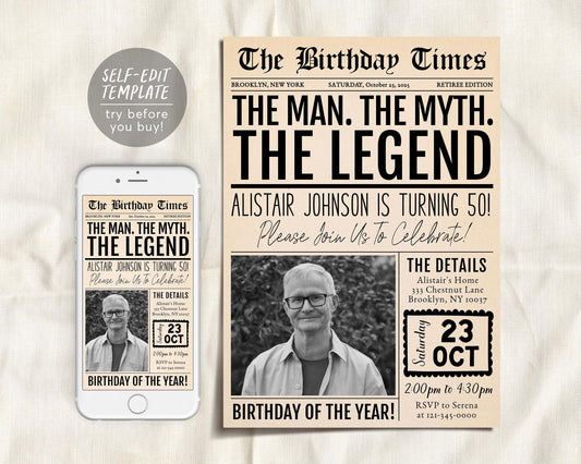 The Man The Myth The Legend Birthday Invitation Editable Template