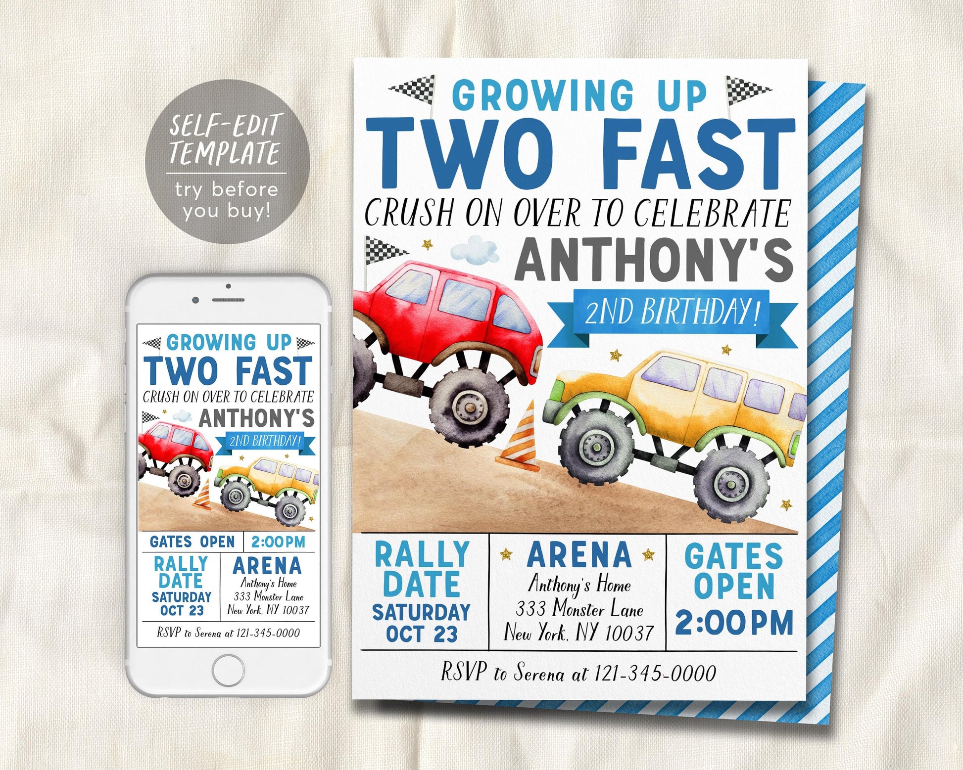 Monster Truck 2nd Birthday Invitation Editable Template