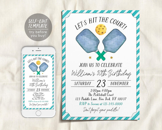 Pickleball Birthday Invitation Editable Template