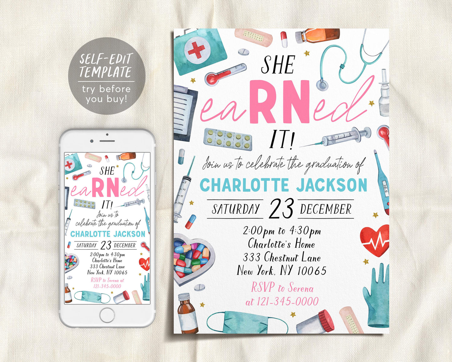 Nurse Graduation Invitation Editable Template