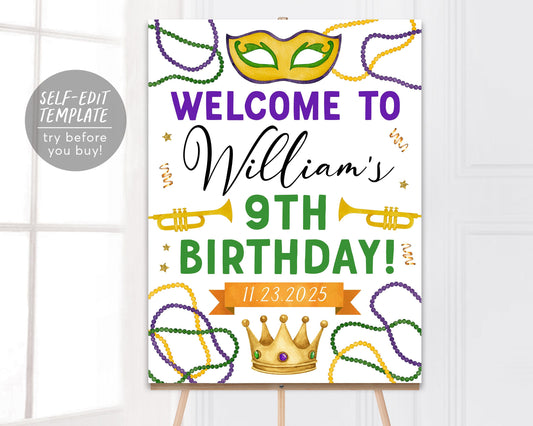 Mardi Gras Birthday Welcome Sign Editable Template