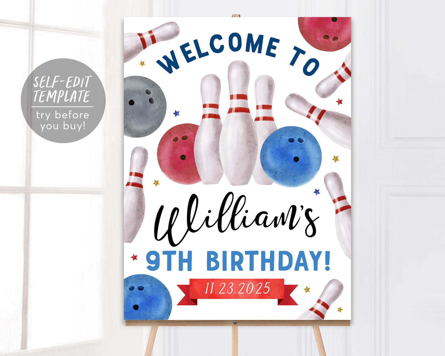 Bowling Birthday Welcome Sign Editable Template