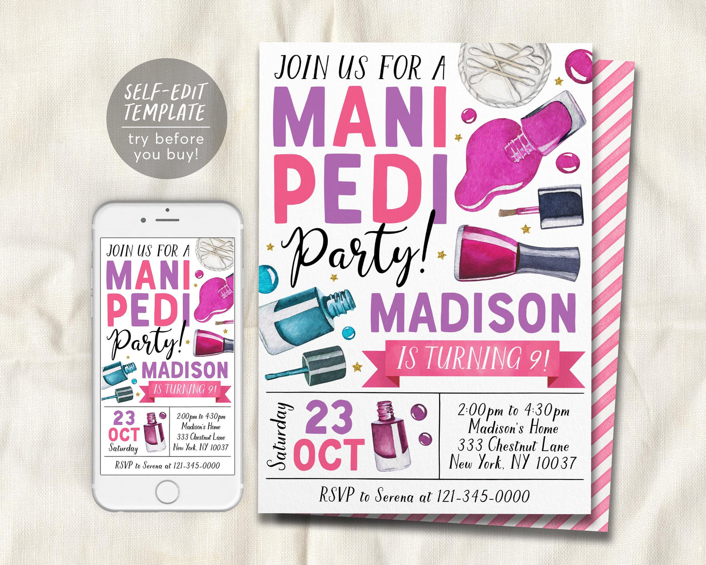 Mani Pedi Birthday Party Invitation Editable Template