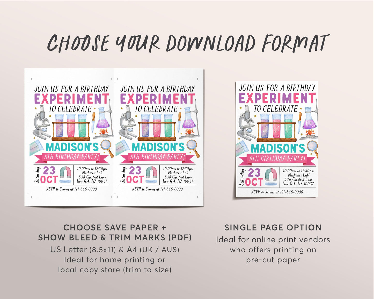 Science Birthday Invitation Editable Template, Girl Birthday Experiment Party Invite, Kids Science Lab Calling Mad Scientists Party Evite