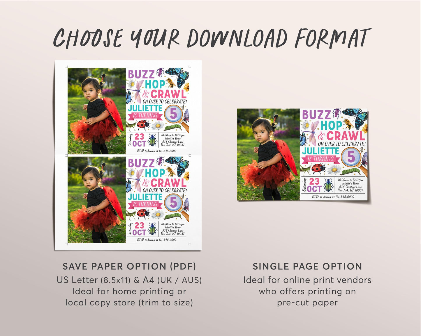 Insect Bugs Birthday Invitation With Photo Editable Template, Girl Buzz Hop Crawl Party Invite, Kids Bugging Out Butterfly Hunt Garden Evite
