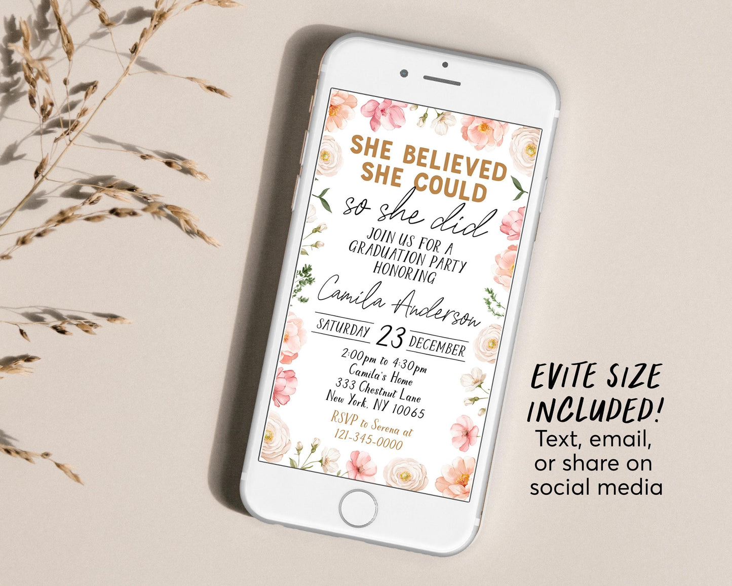 Graduation Floral Invitation Editable Template, Blush Floral Grad Announcement Party Invite for Her, She Believed She Could So She Did Evite