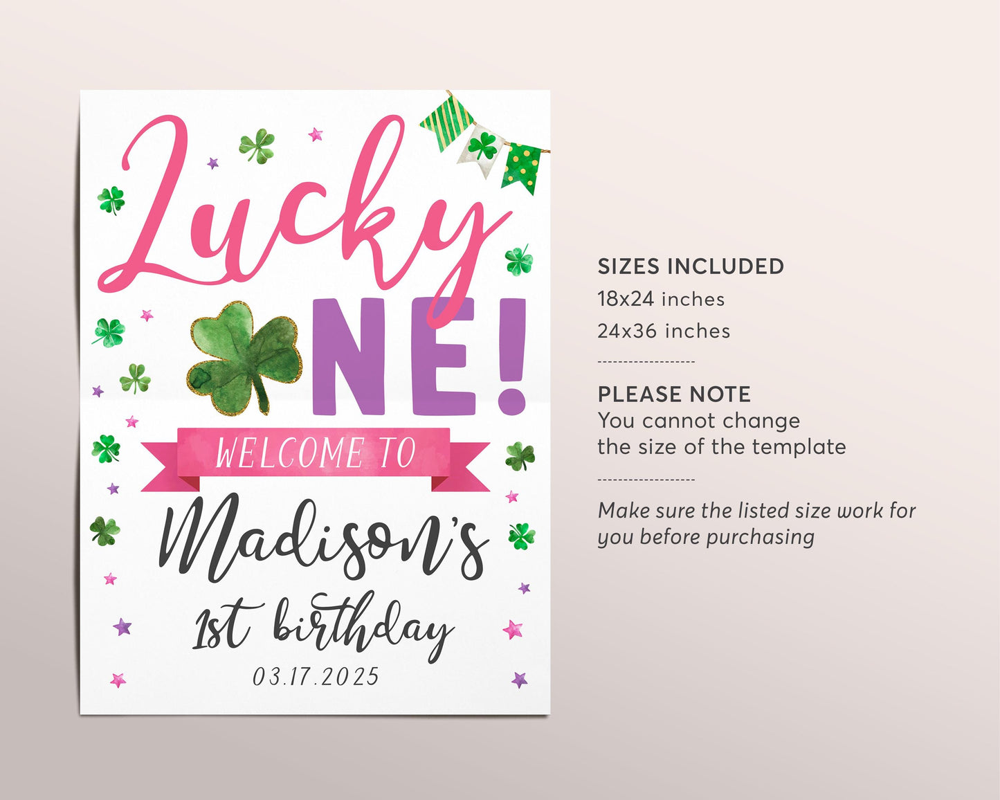 Lucky One Birthday Welcome Sign Editable Template, Girl St Patrick's Day Shamrock 1st Birthday Party Poster, Four Leaf Clover Lucky Charm