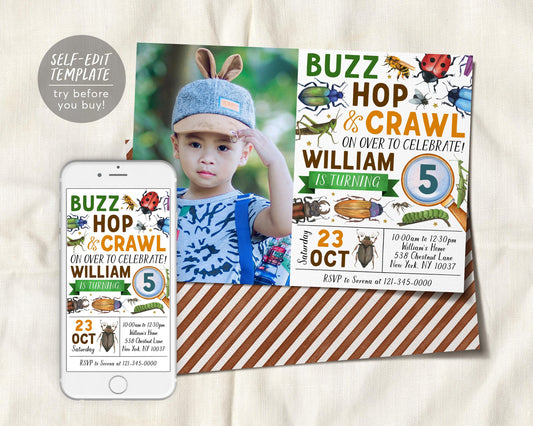 Insect Bugs Birthday Invitation With Photo Editable Template