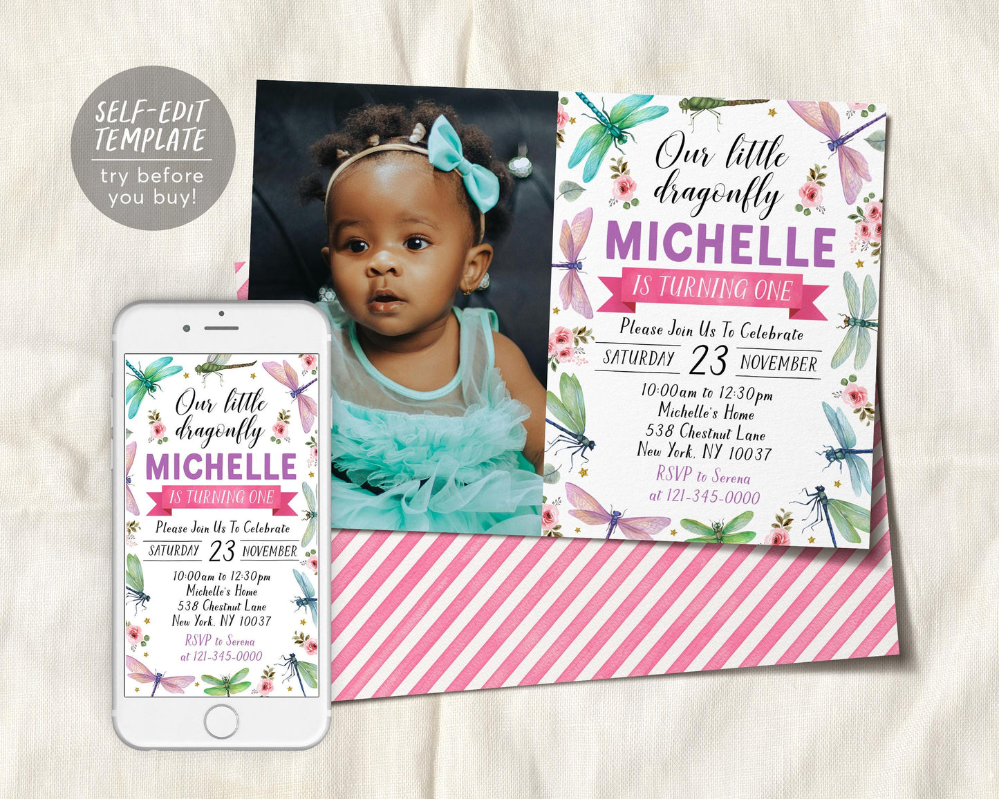 Dragonfly Birthday Invitation With Photo Editable Template