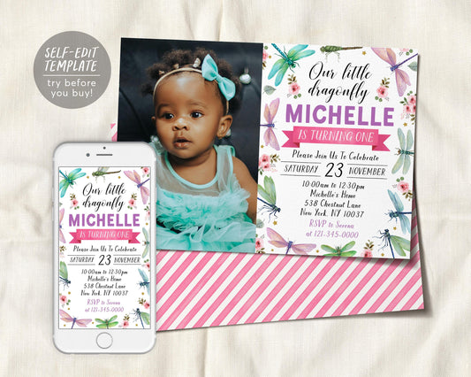 Dragonfly Birthday Invitation With Photo Editable Template