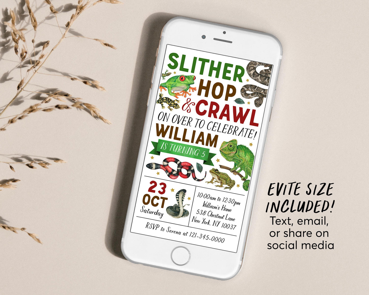 Reptile Birthday Invitation Editable Template, Boy Slither Hop Crawl Party Invite, Kids Reptiles Creepy Crawly Nature Theme Outdoor Evite