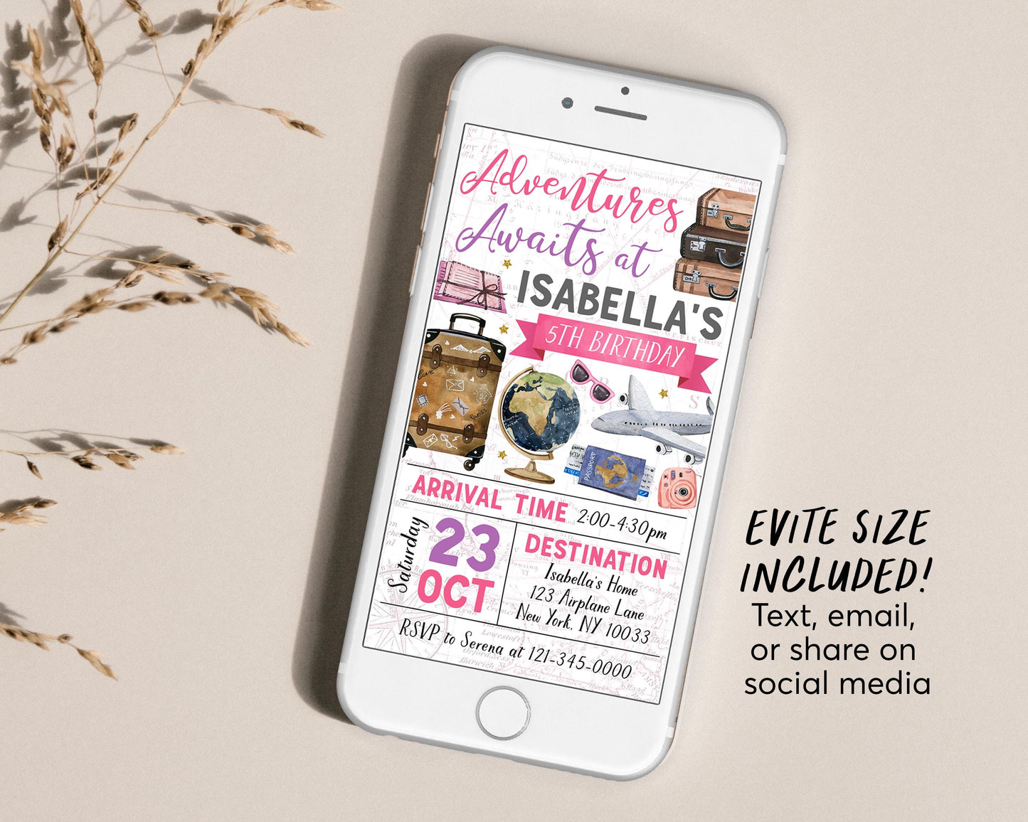 Adventure Awaits Travel Birthday Invitation With Photo Editable Template, Girl Around the World Party Invite, Vintage Map Passport Evite