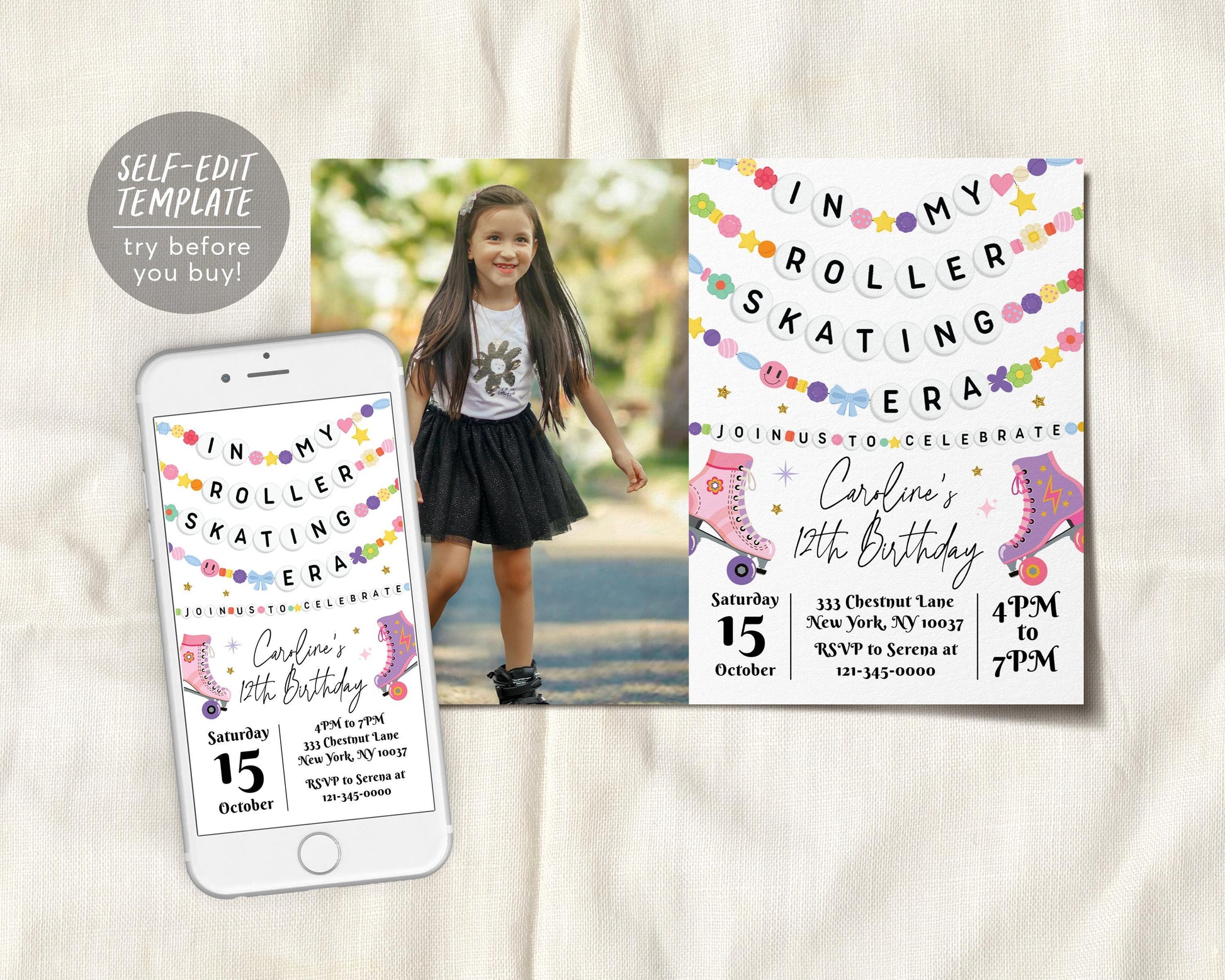 In My Roller Skating Era Birthday Invitation With Photo Editable Template