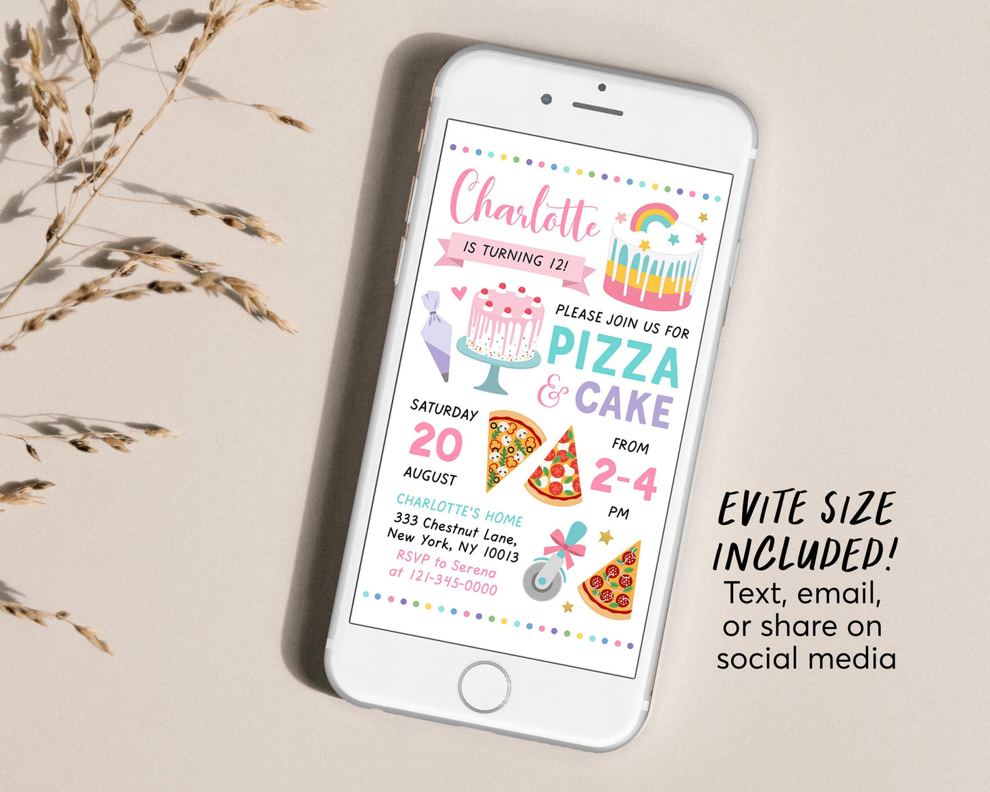 Pizza and Cake Birthday Party Invitation Editable Template, Kids Cake Decorating Chef Baking Cupcake Pizzeria Party Invite, Sweets Evite