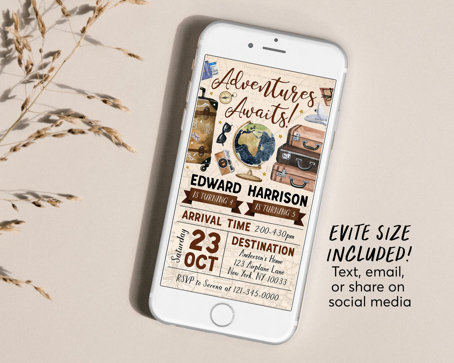 Adventure Awaits Travel Joint Siblings Birthday Invitation With Photo Editable Template, Twins Around the World Party Invite, Plane Evite