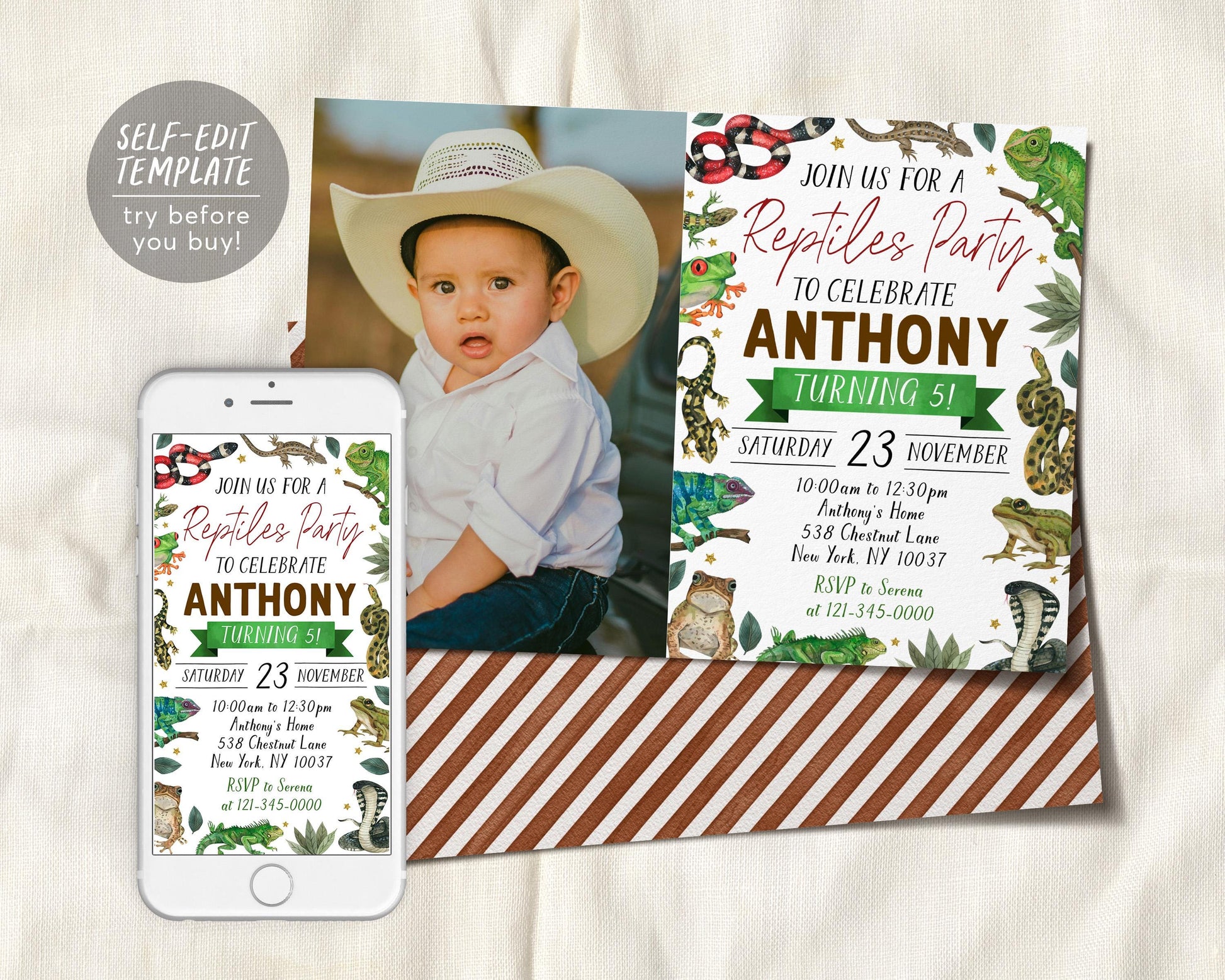 Reptiles Birthday Invitation With Photo Editable Template