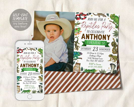 Reptiles Birthday Invitation With Photo Editable Template