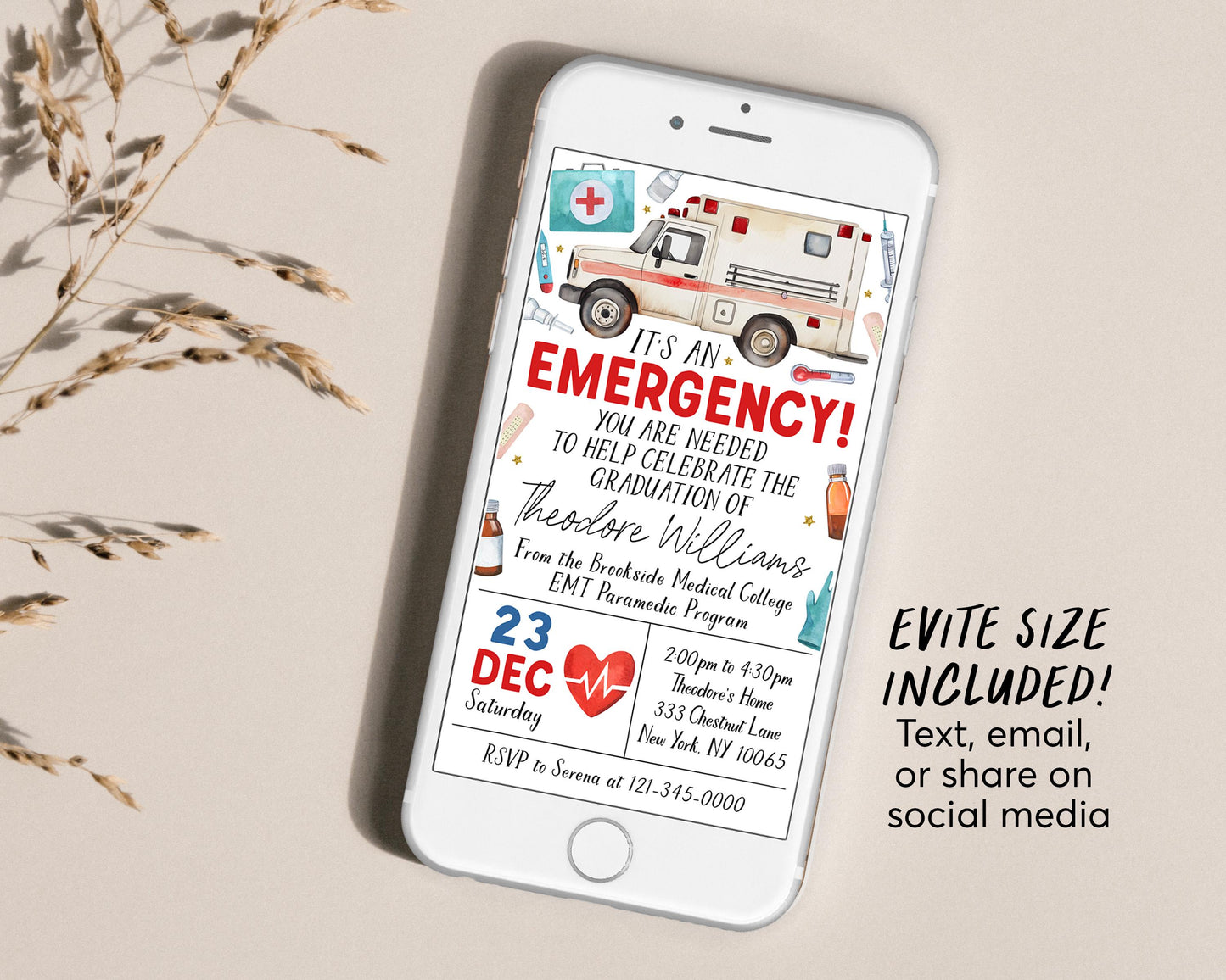 Paramedic EMT Graduation Invitation With Photo Editable Template, EMT Certification Grad Announcement Party Invite, Emergency Medical Evite