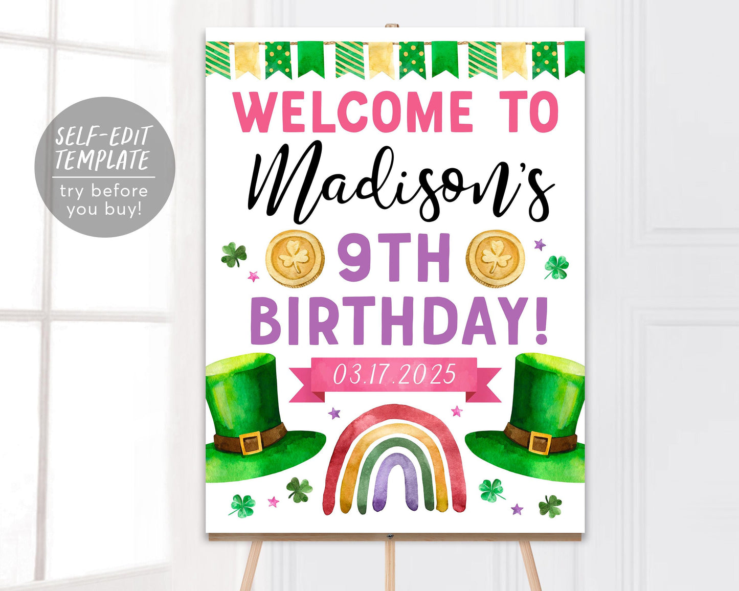 St Patrick&#39;s Day Birthday Welcome Sign Editable Template