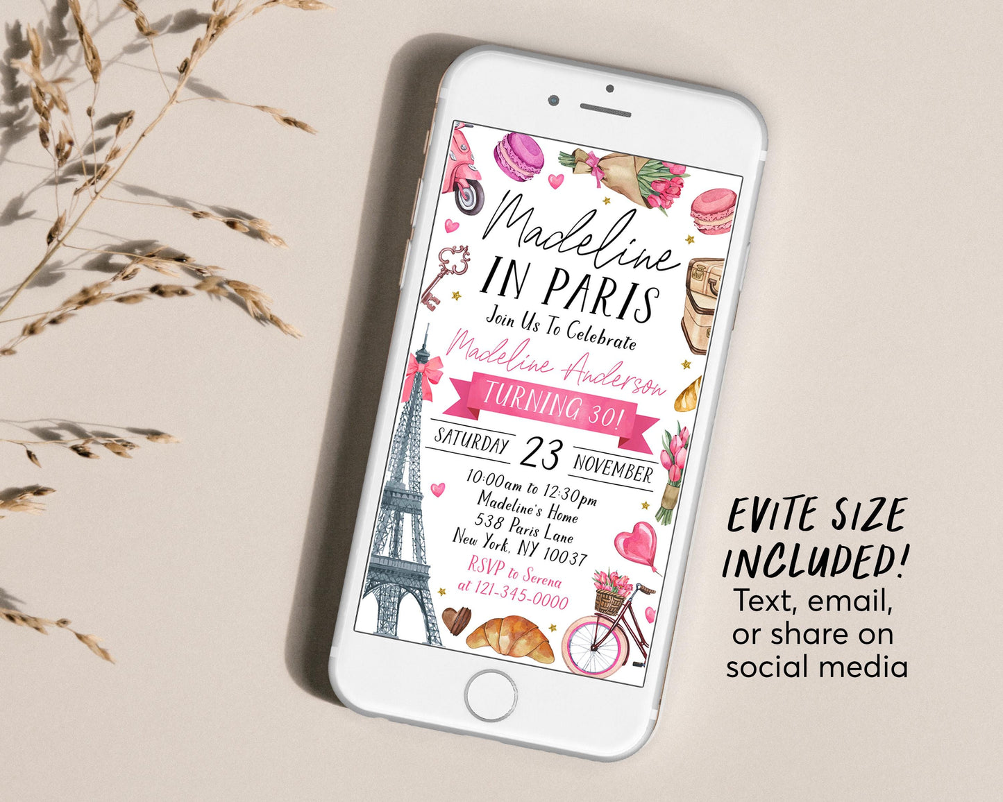 In Paris Theme Birthday Invitation Editable Template, Bonjour Eiffel Tower 30th 40th Birthday Party Invite, Oh La La French Parisian Evite