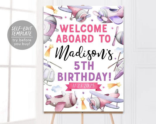 Airplane Birthday Party Welcome Sign Editable Template