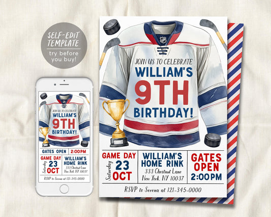 Hockey Birthday Invitation Editable Template