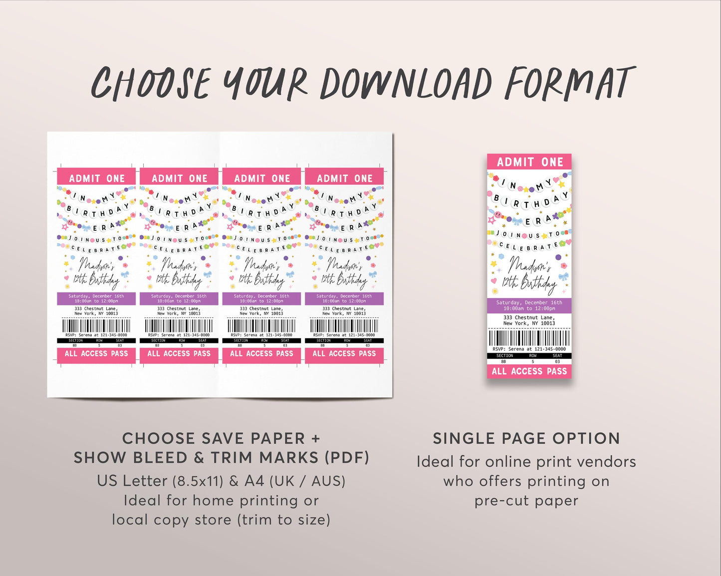 In My Birthday Era Ticket Invitation Editable Template, Girl Friendship Bracelet Birthday Party Invite, Kid Tween Teen Eras Music Tour Evite