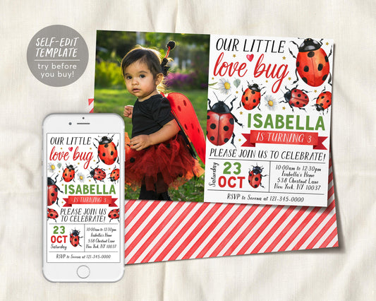 Ladybug Birthday Invitation With Photo Editable Template