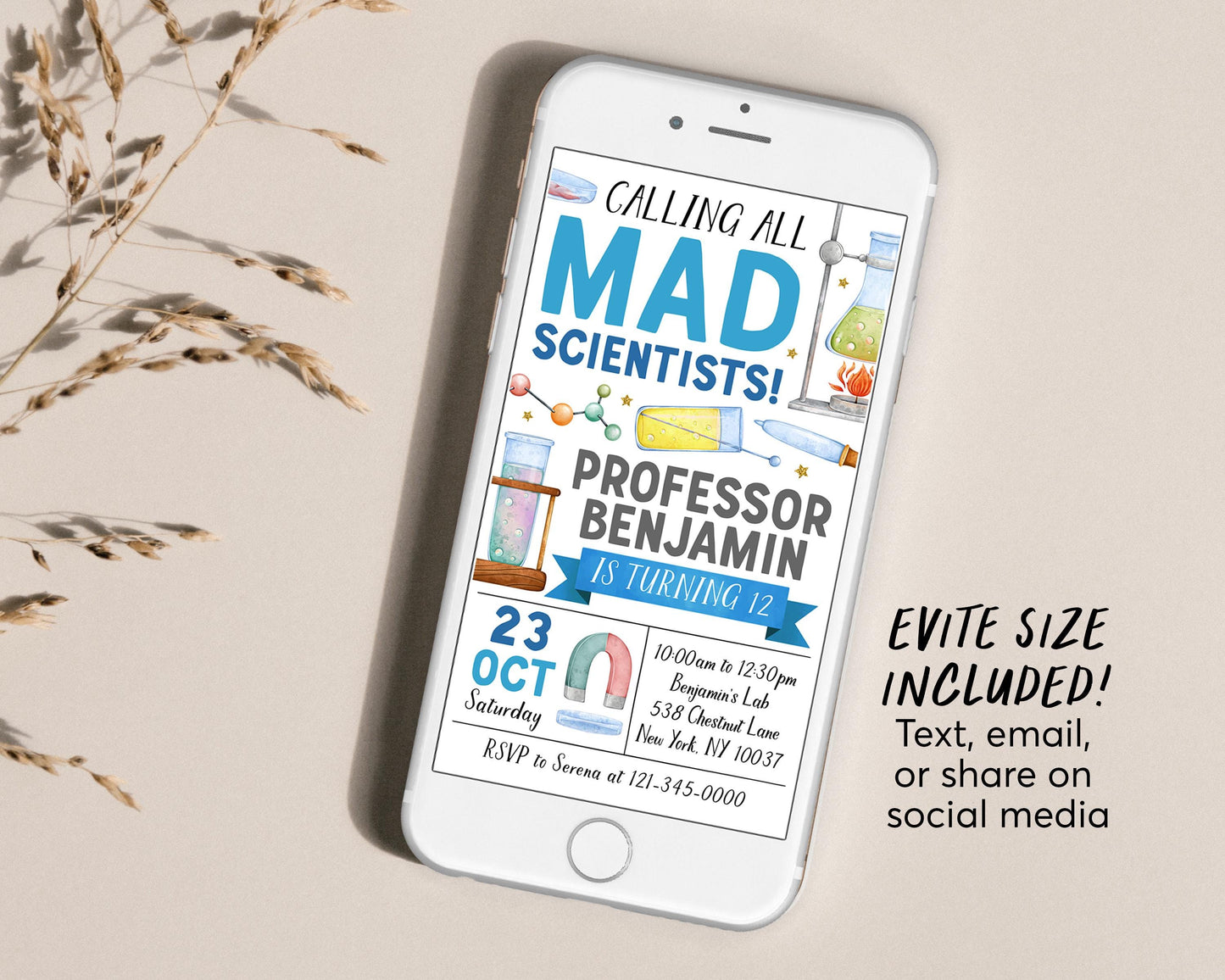 Science Birthday Invitation With Photo Editable Template, Boy Mad Scientists Party Invite, Kid Professor Experiment Science Lab Party Evite