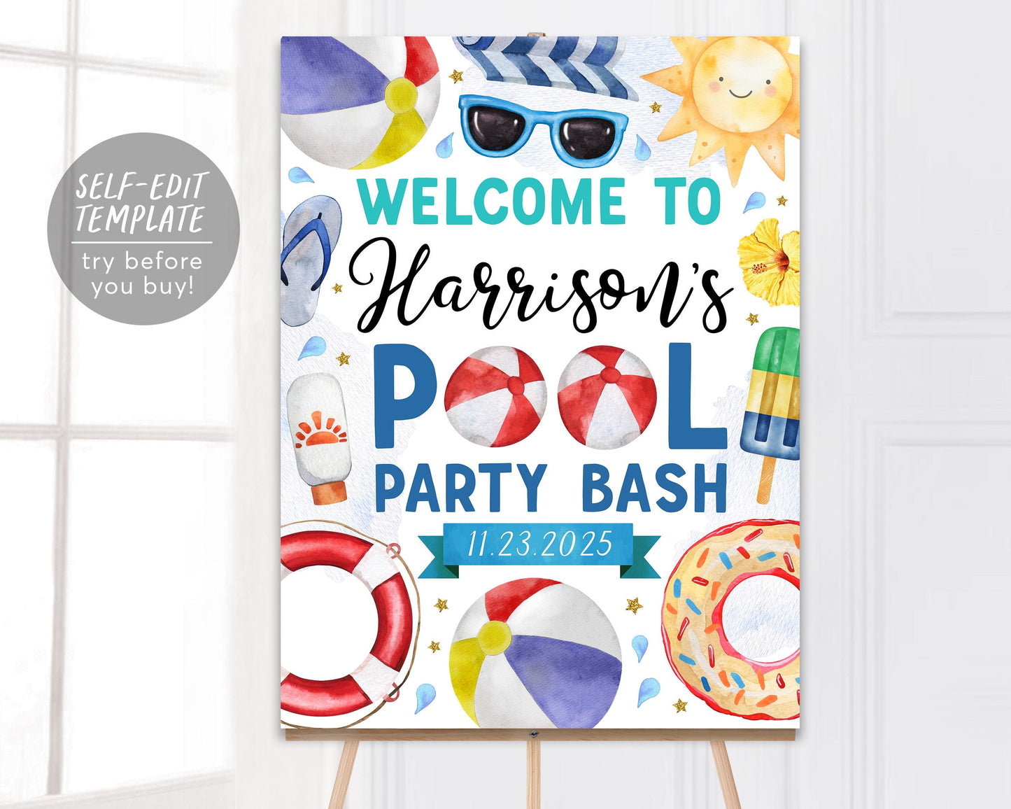 Pool Party Birthday Welcome Sign Editable Template