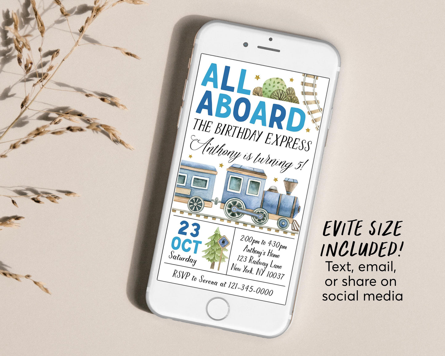 Train Birthday Invitation With Photo Editable Template, Boy Train Boarding Pass Party Invite, All Aboard The Birthday Express Travel Evite