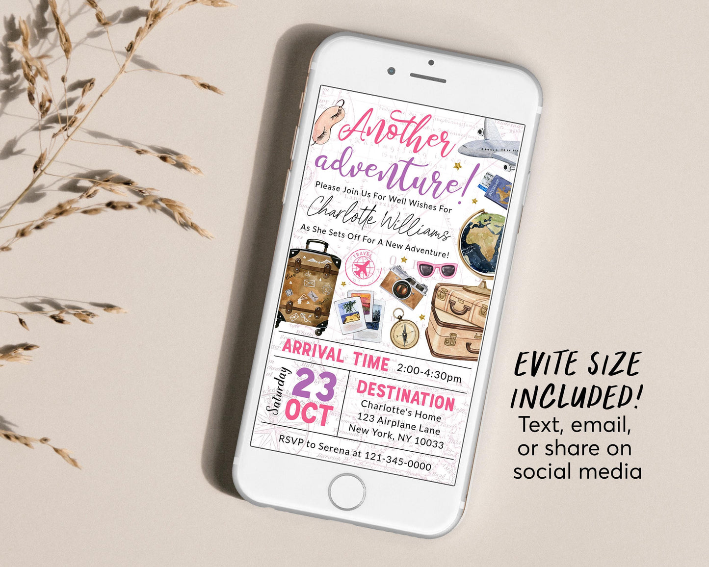 Going Away Farewell Moving Away Invitation Editable Template, Goodbye Party Invite For Her, Adventure Travel Around the World Map Evite