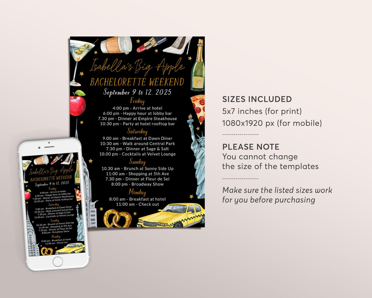 New York Bachelorette Itinerary Editable Template, New York Travel Planner, NYC Girls Night Out Weekend Schedule, Hen Party Big Apple Agenda