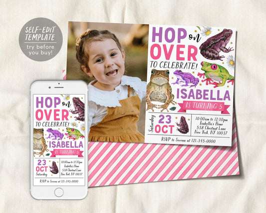 Frog Birthday Invitation With Photo Editable Template